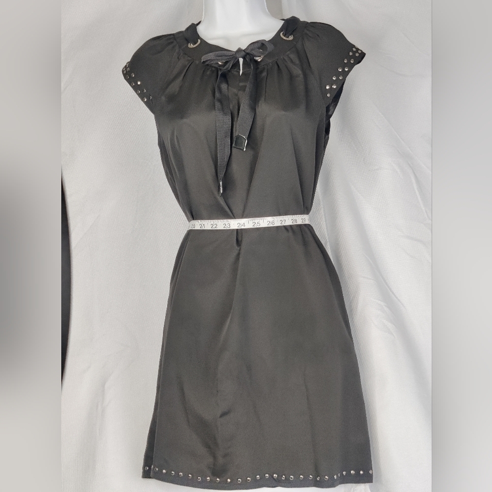 Staccato Black Silky Dress Cap Sleeve Above Knee Laced Tie Bow Collar Studs - Picture 3 of 16